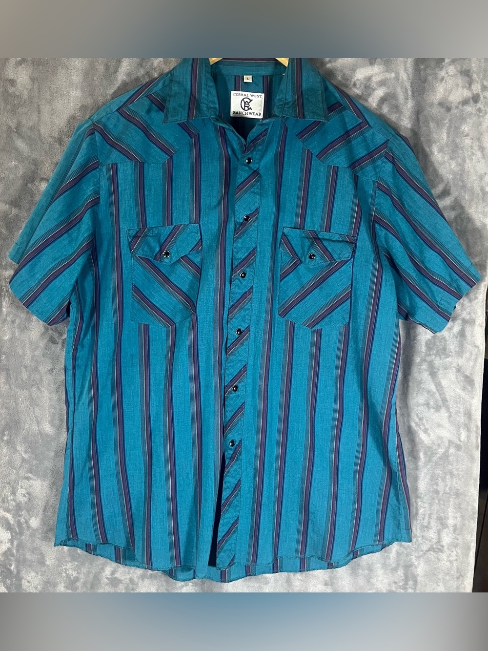 Vintage Corral West Ranchwear Teal Striped Western Pearl Snap Shirt Large